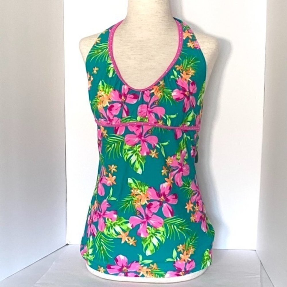 SO V Neck Halter Top Tankini Swimsuit Juniors Sz L Floral Pink Green Tropical